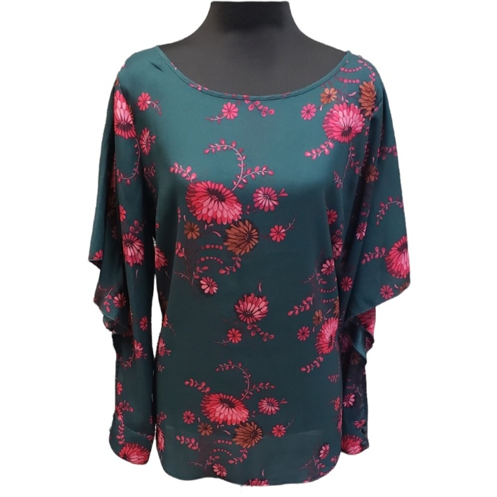 Ann Taylor floral green and pink open flutter sleeve blouse, Large